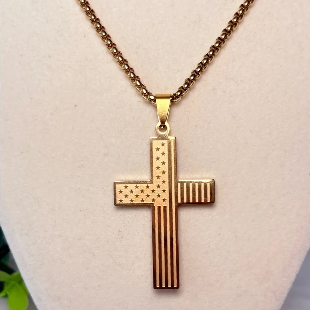 Gold Cross With American Flag‎ Necklace